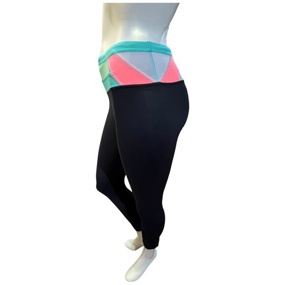 Lululemon Black Yoga Leggings with Turquoise/Coral Striped Waistband - Size 4 - Picture 14 of 16